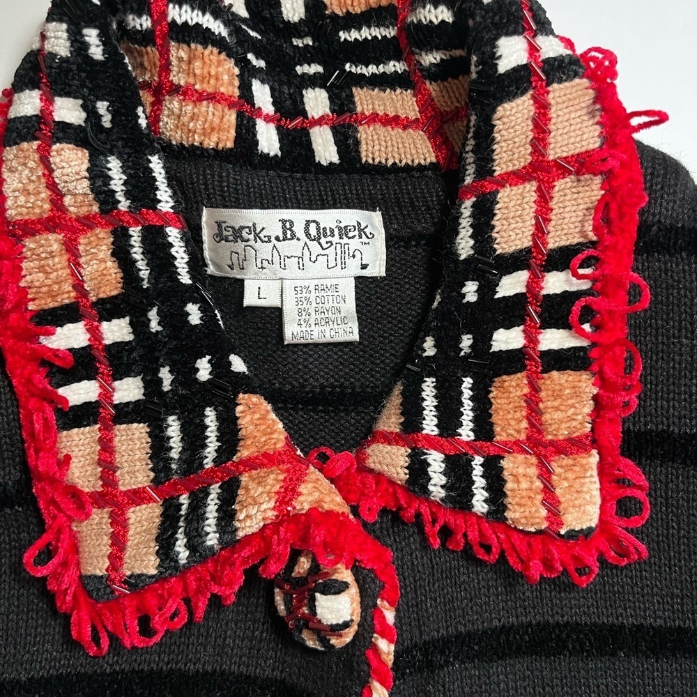 Vintage Jack B Quick Whimsical Retro Black Cardigan Candy Cane plaid multi trim - Picture 3 of 8